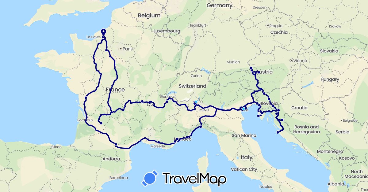 TravelMap itinerary: driving, boat in Austria, France, Croatia, Italy, Slovenia (Europe)