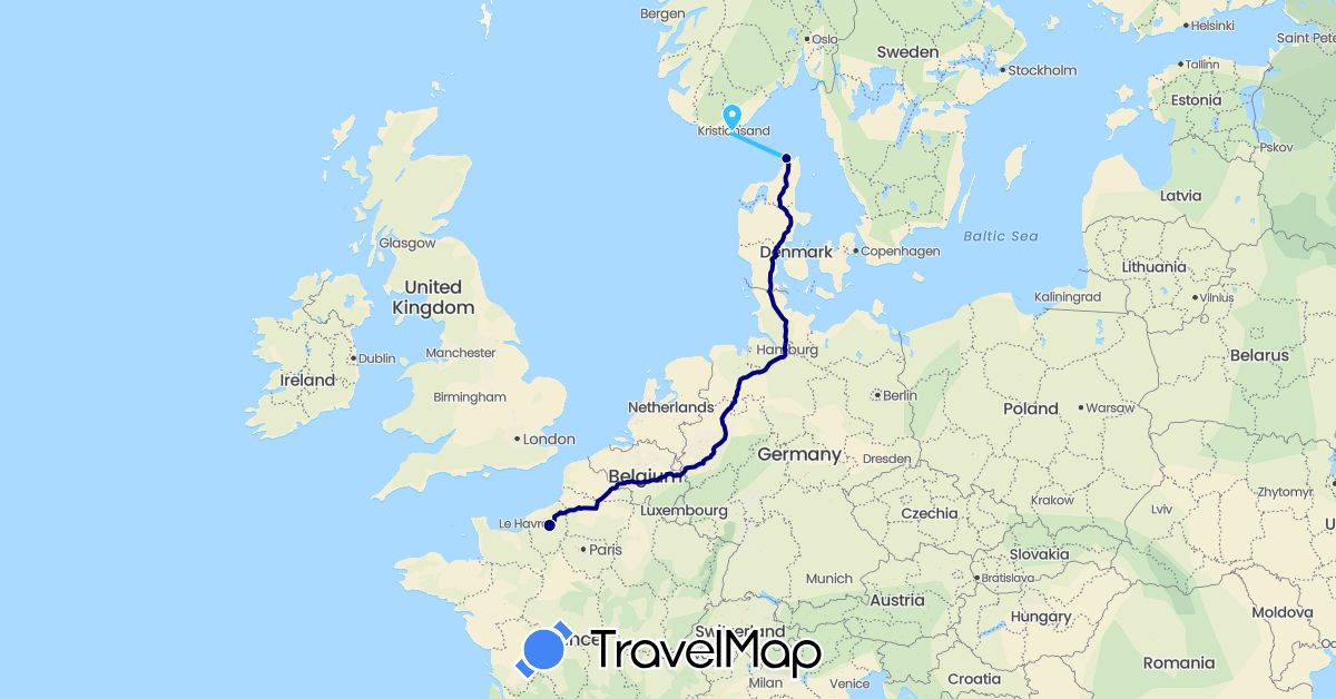 TravelMap itinerary: driving, boat in Denmark, France, Norway (Europe)